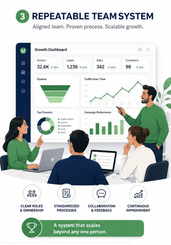 A mature growth stage where the team works from shared systems, tracking performance, and managing marketing together.