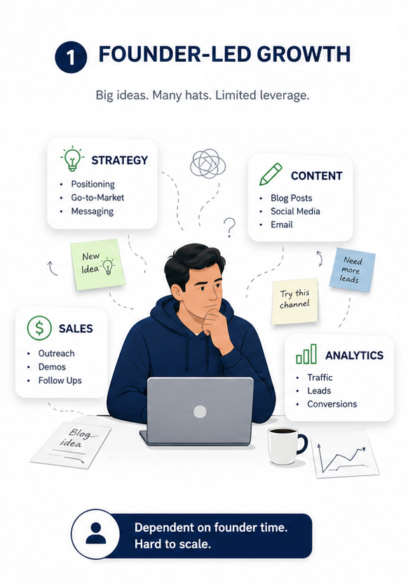 Founder working alone with scattered marketing ideas and notes.